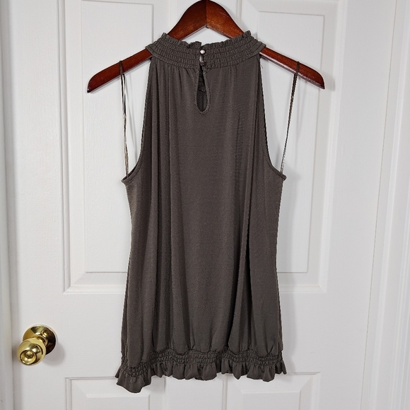 Adrianna Papell Ruched Neckline Bloused Hem Sleeveless Dark Olive Top Large - Picture 6 of 11